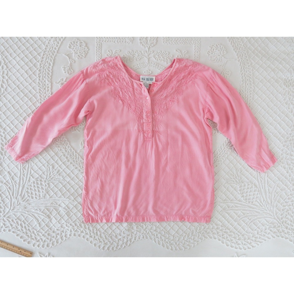 Vintage 90s Together! Pink Embroidered Medium Henley Tunic Blouse India Top